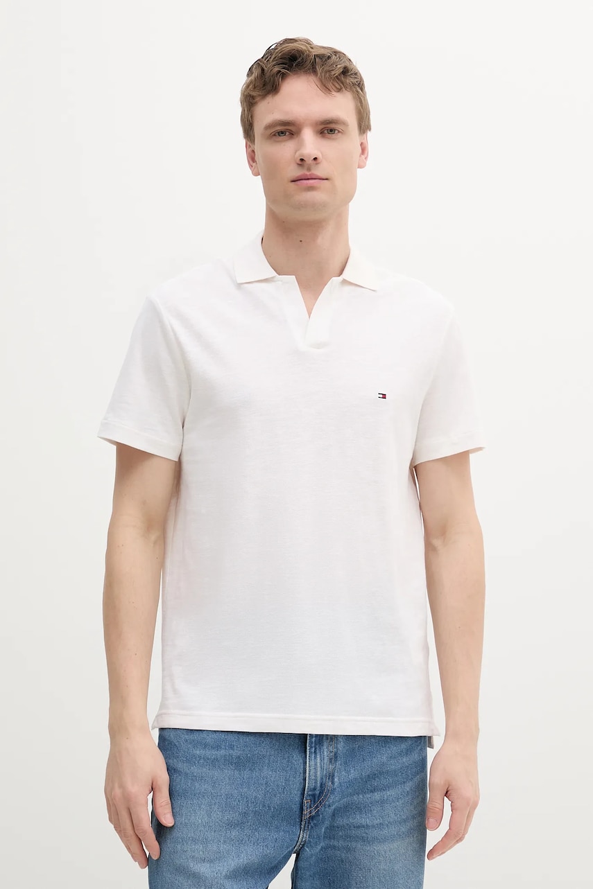 Levně Bavlněné polo tričko Tommy Hilfiger pánské, béžová barva, MW0MW38482