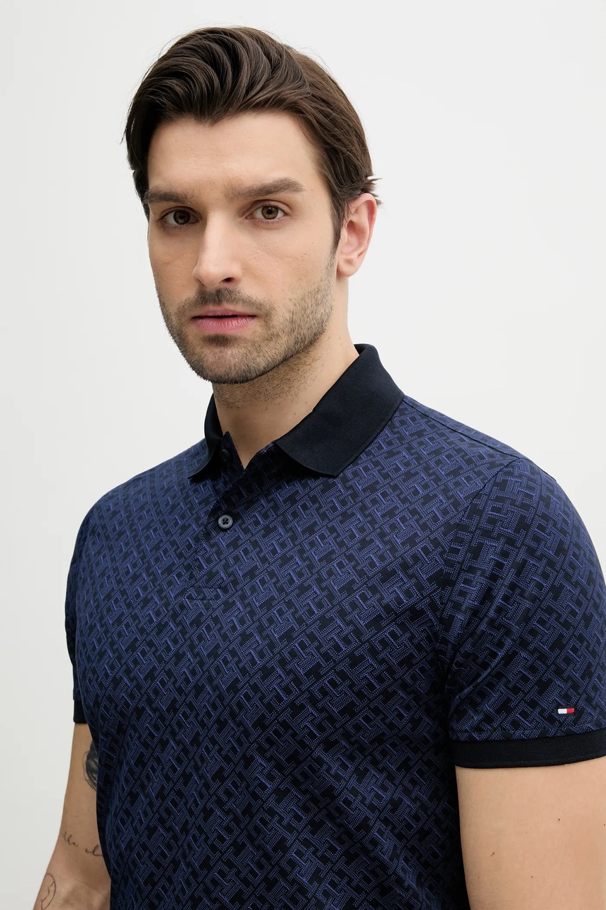

Памучна тениска с яка Tommy Hilfiger в тъмносиньо с десен MW0MW39218, Тъмносин