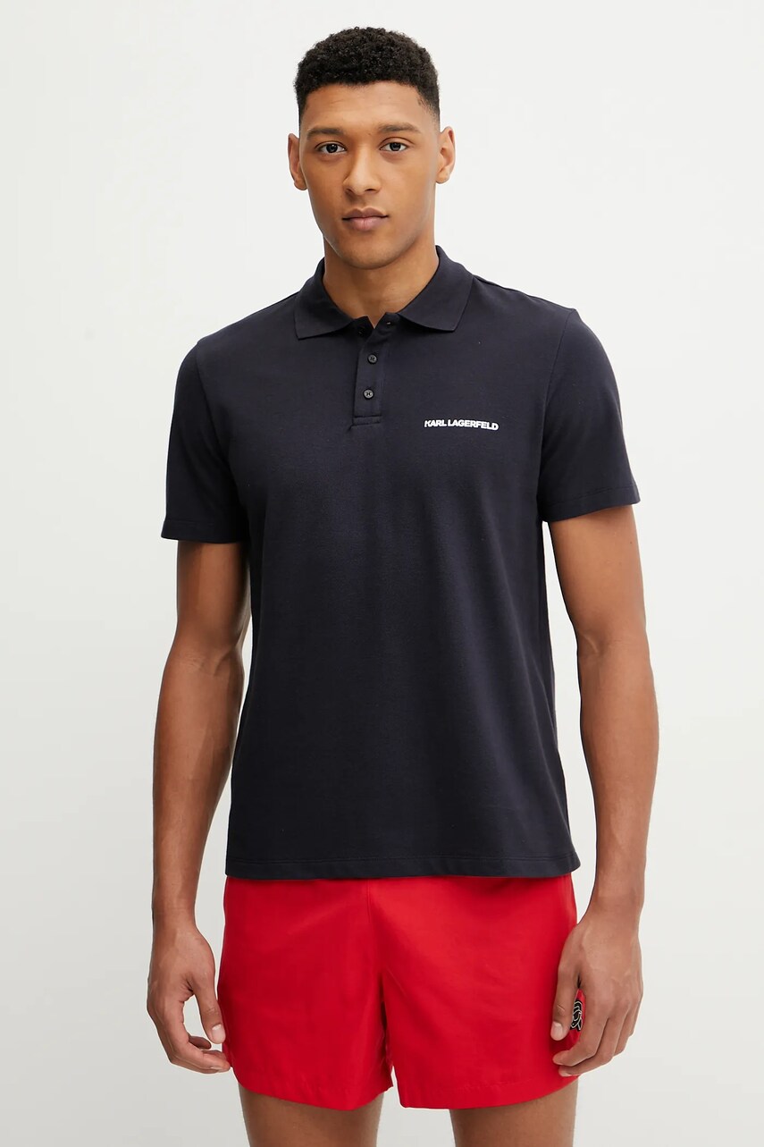 Karl Lagerfeld polo de bumbac bărbați, culoarea bleumarin, cu imprimeu, A2M46036