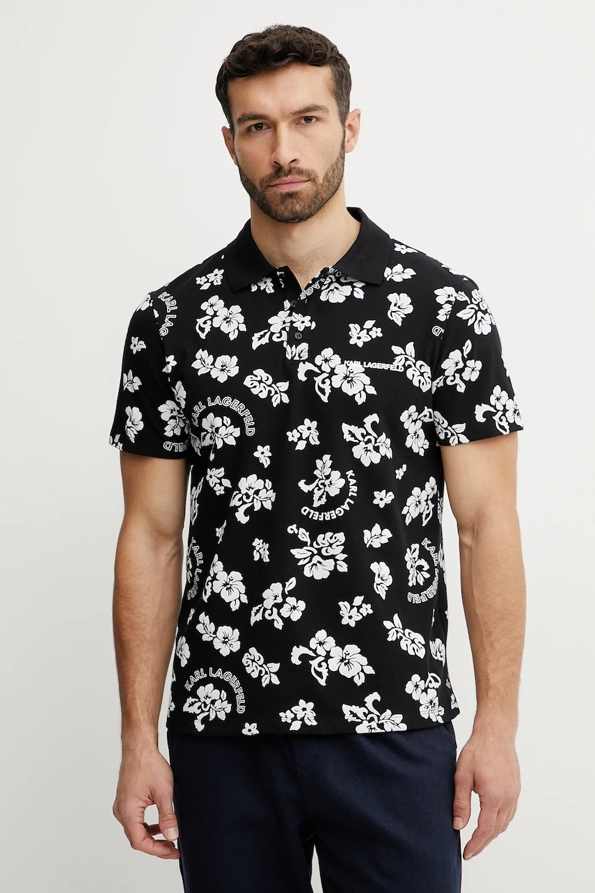 Karl Lagerfeld polo de bumbac bărbați, culoarea negru, cu imprimeu, A2M46036 Karl Lagerfeld polo de bumbac bărbați, culoarea negru, cu imprimeu, A2M46036