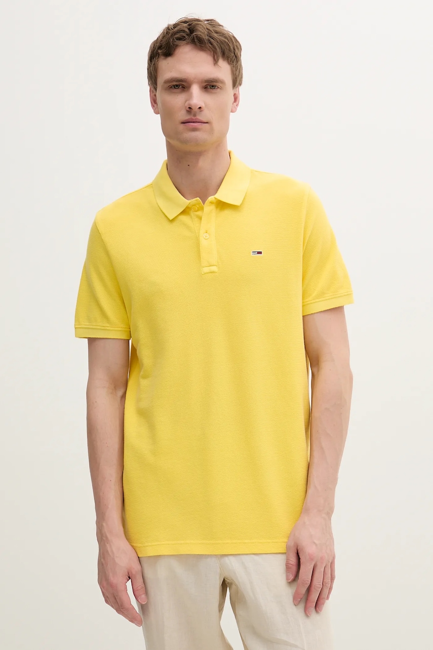 Tommy Jeans polo de bumbac culoarea galben, uni, DM0DM20226