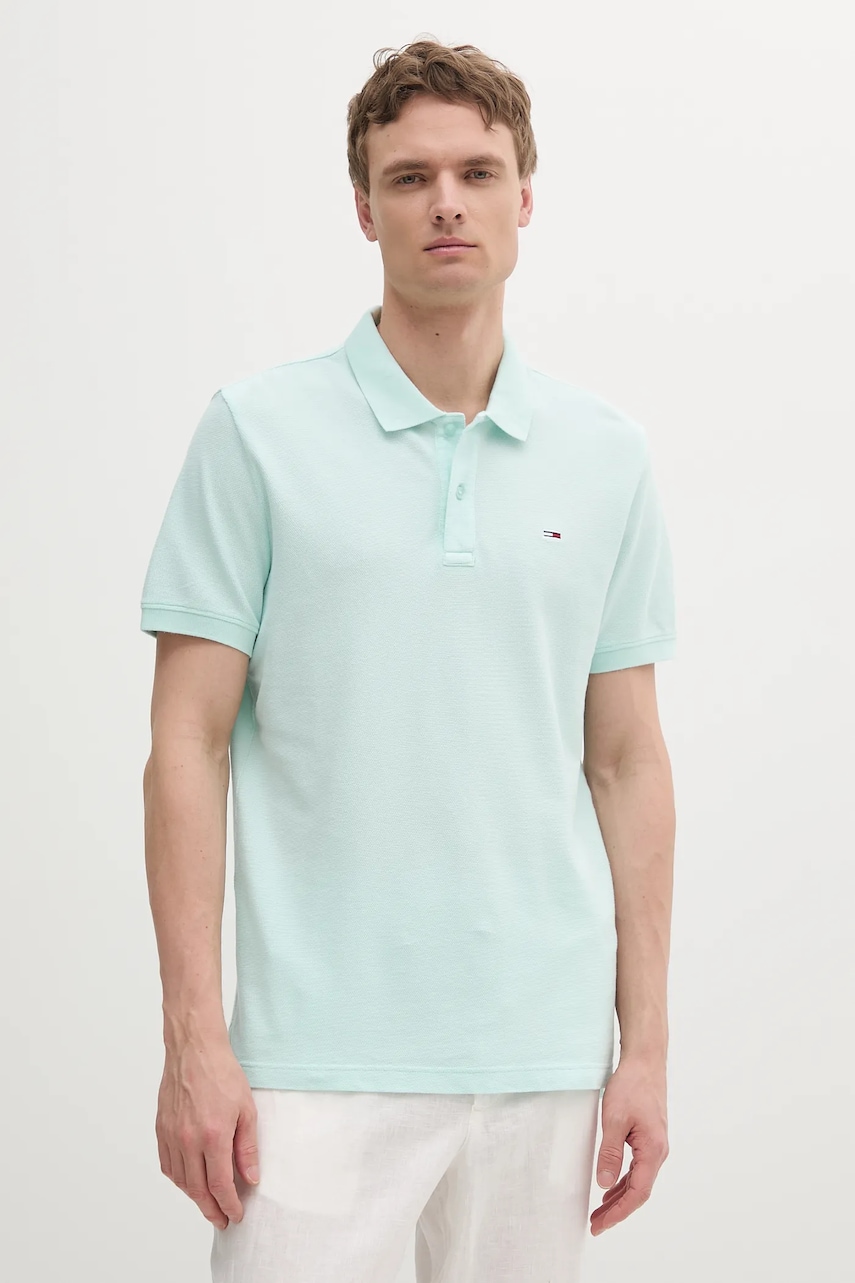 Levně Bavlněné polo tričko Tommy Jeans tyrkysová barva, DM0DM20226