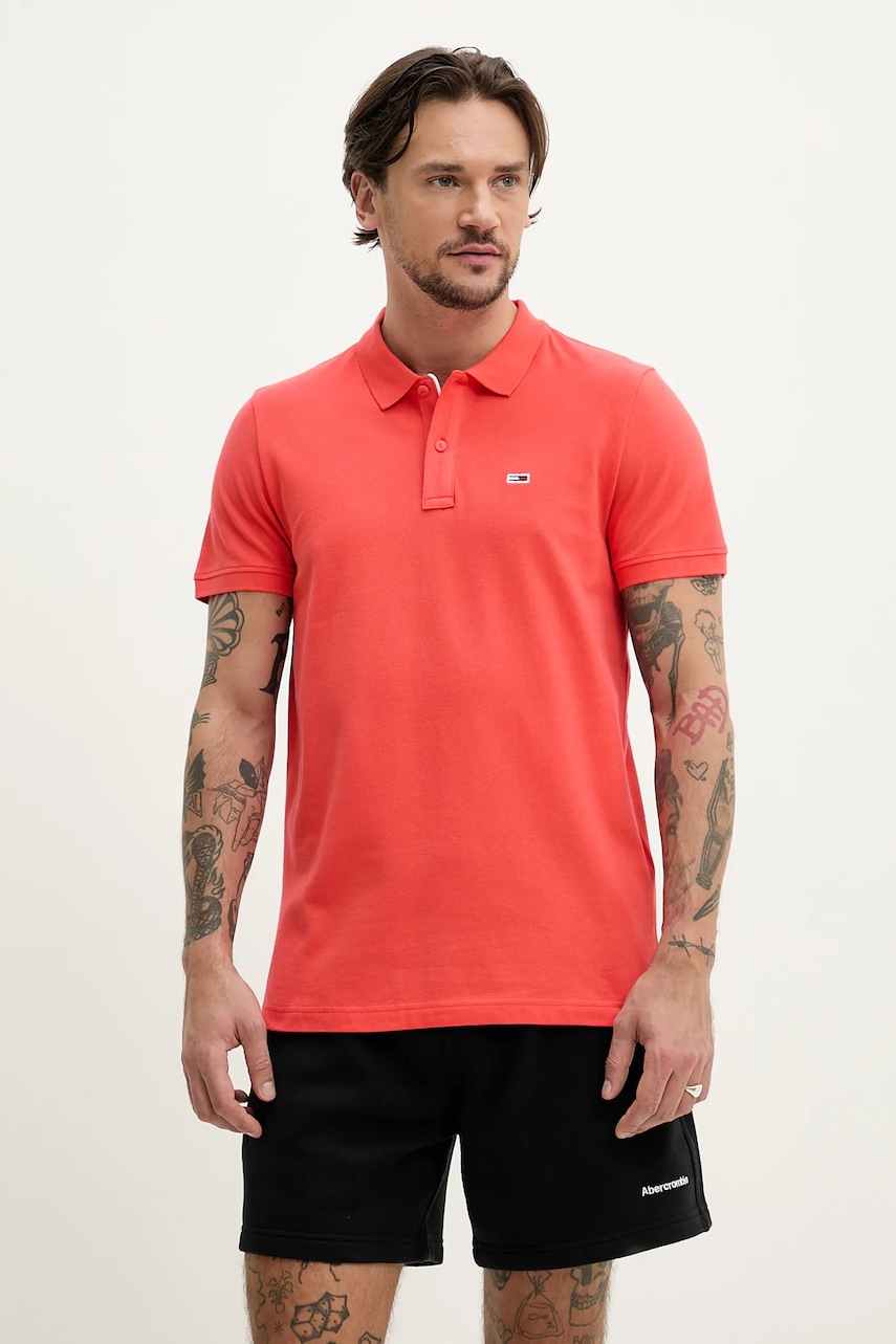 Tommy Jeans polo de bumbac barbati, culoarea portocaliu, neted, DM0DM20676