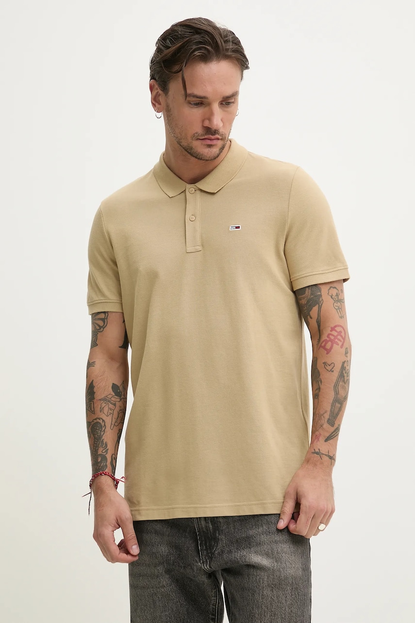 Tommy Jeans polo de bumbac barbati, culoarea bej, neted, DM0DM20676