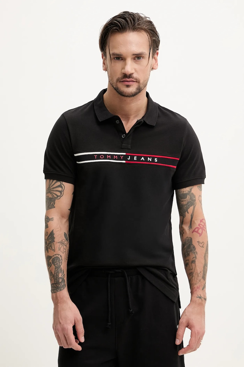 Tommy Jeans polo de bumbac barbati, culoarea negru, cu imprimeu, DM0DM20916 Tommy Jeans polo de bumbac barbati, culoarea negru, cu imprimeu, DM0DM20916