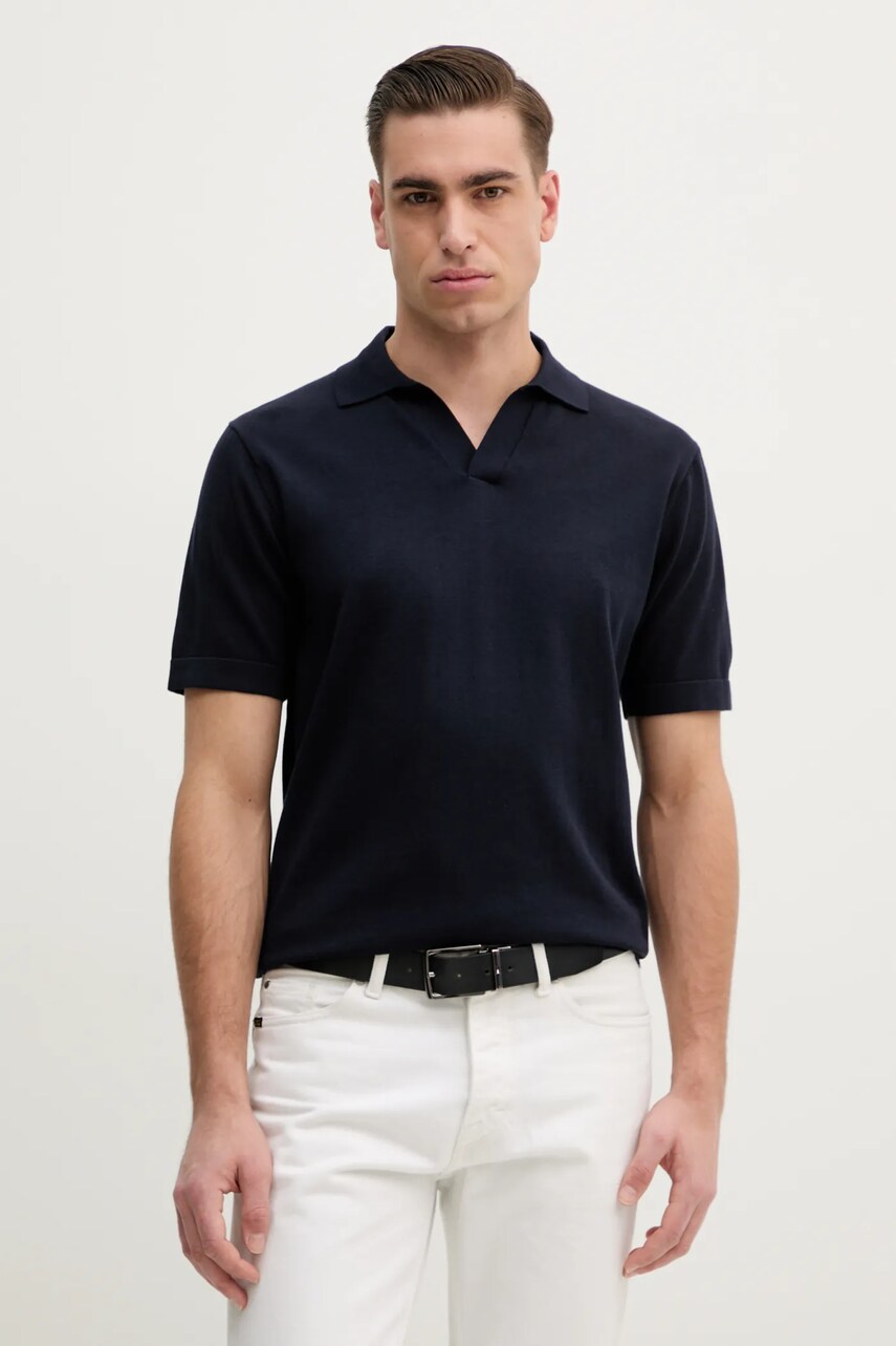 Hackett London polo cu mătase barbati, culoarea albastru marin, neted, HM703324