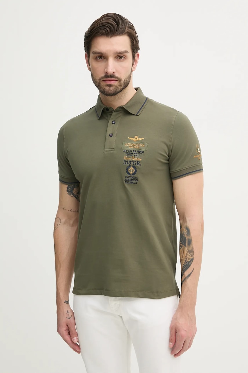 Aeronautica Militare tricou polo bărbați, culoarea verde, cu imprimeu, PO1853P191