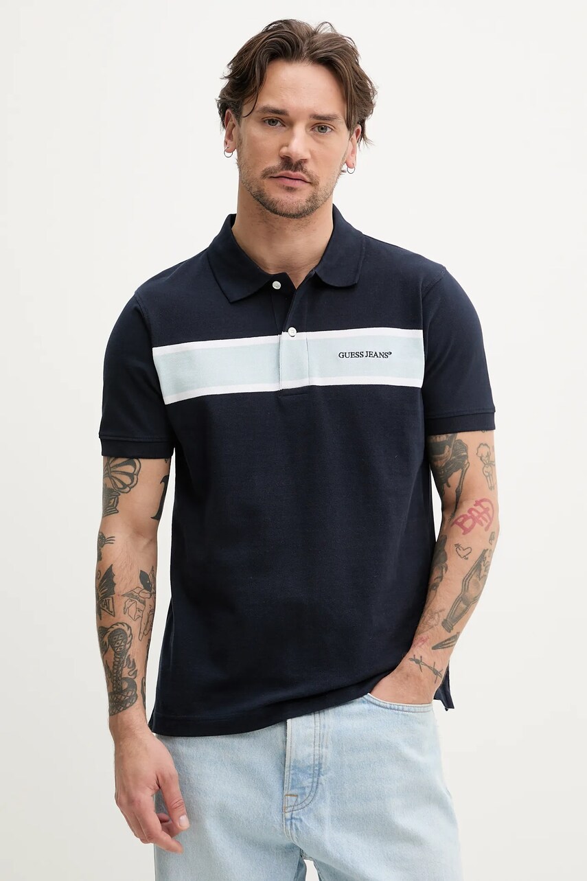 Levně Bavlněné polo tričko Guess Jeans tmavomodrá barva, s aplikací, M5GP29 KCJV1