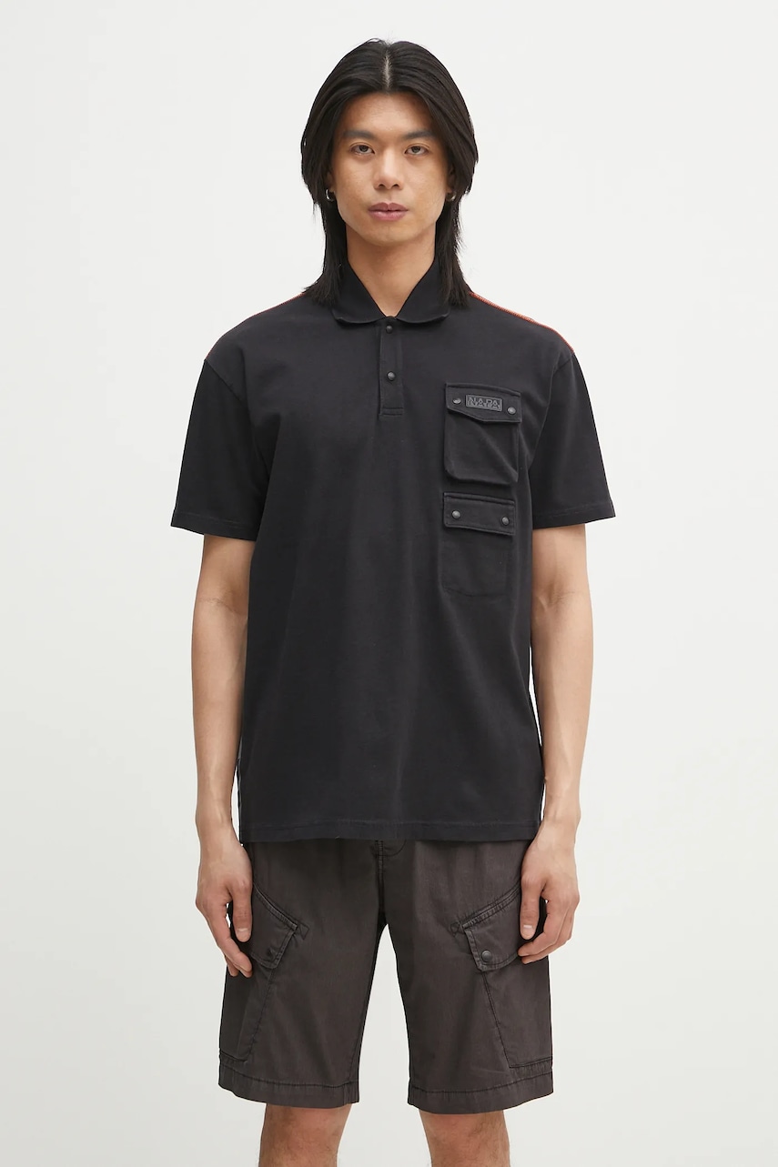 Napapijri polo de bumbac E-Rivalto bărbați, culoarea negru, uni, NP0A4ID89411