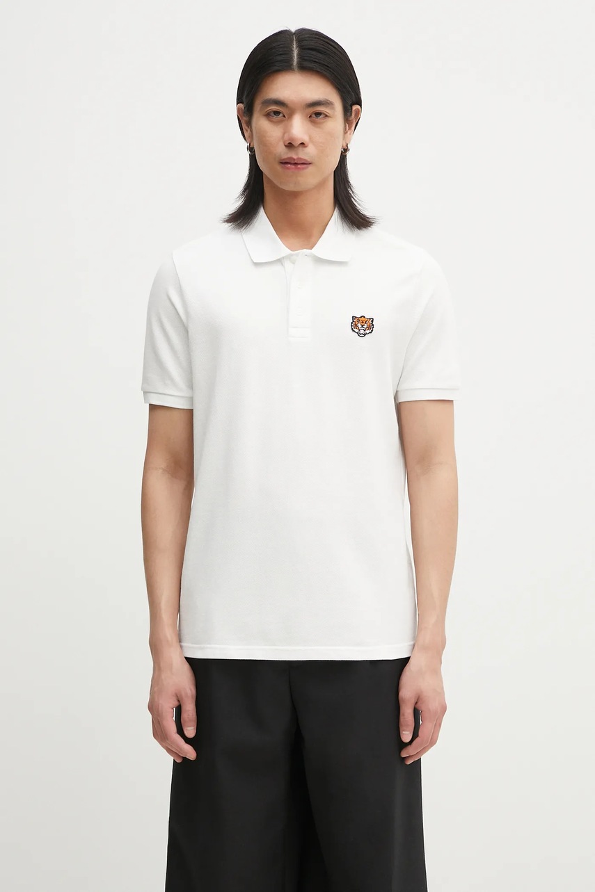 Kenzo polo de bumbac Happy Tiger bărbați, culoarea alb, uni, FF55PO5434PU.02