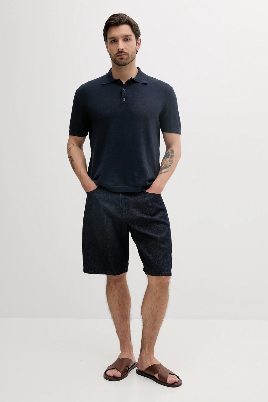 Поло с примесью льна Sisley цвет синий однотонное 105GS300L