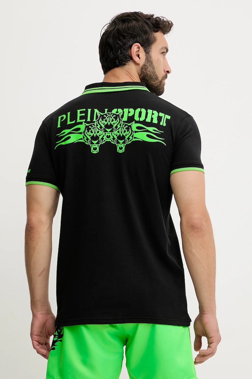 Levně Polo tričko PLEIN SPORT pánské, černá barva, s potiskem, PS25MPL02