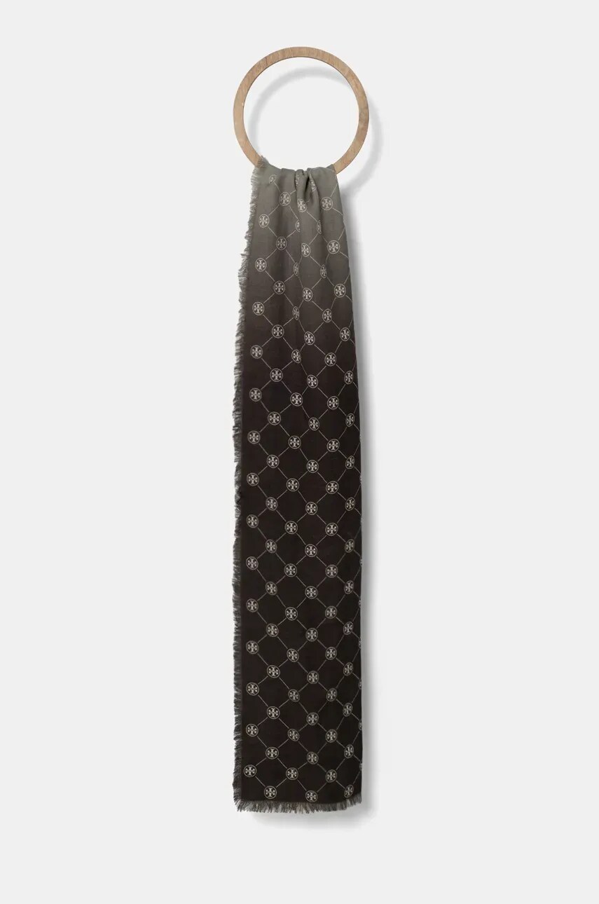 Levně Vlněná šála Tory Burch T Monogram Oblong hnědá barva, 169645-250