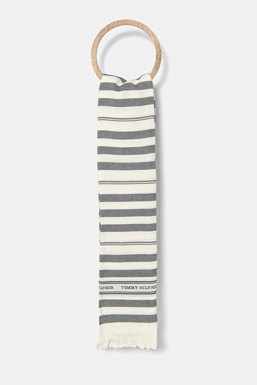 Levně Šála ze lněné směsi Tommy Hilfiger tmavomodrá barva, AW0AW17147