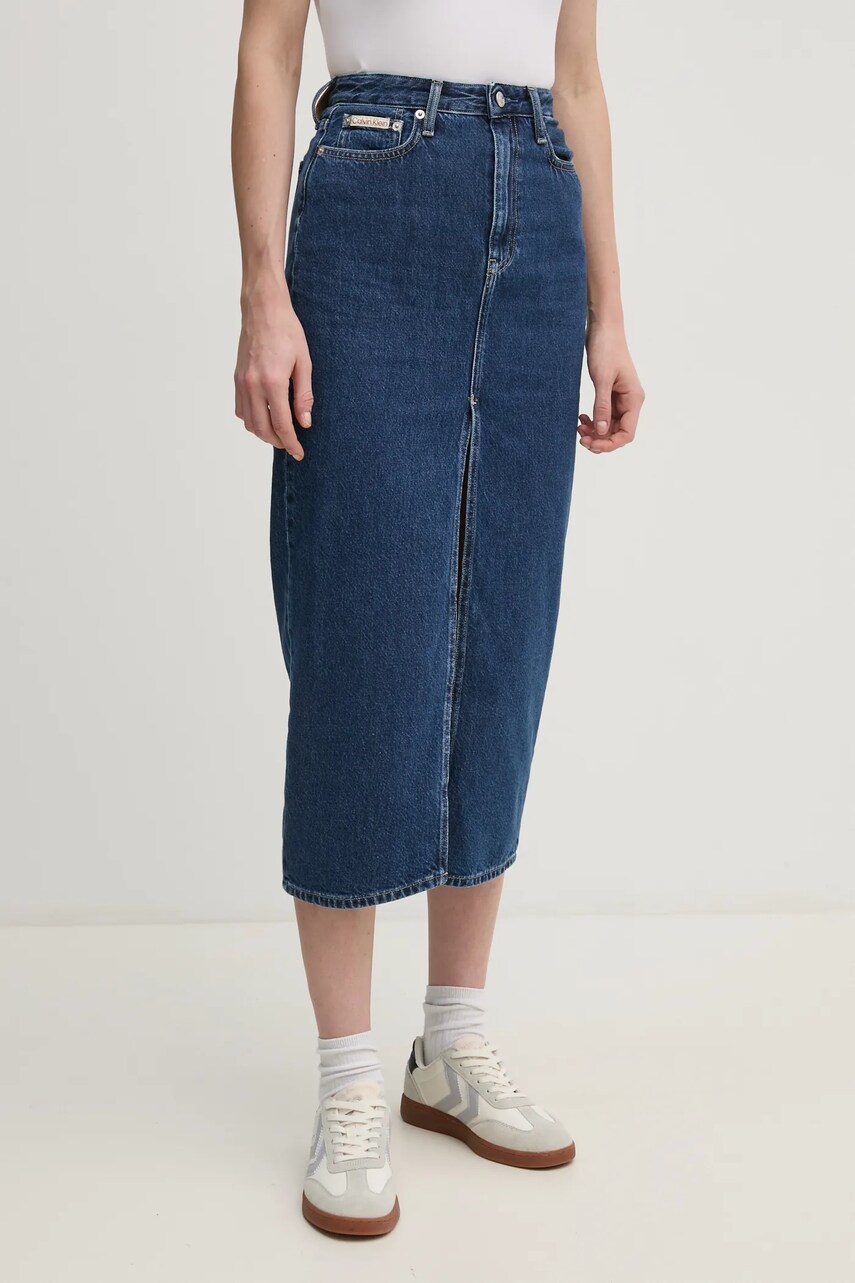 Levně Džínová sukně Calvin Klein Jeans tmavomodrá barva, maxi, pouzdrová, J20J224531