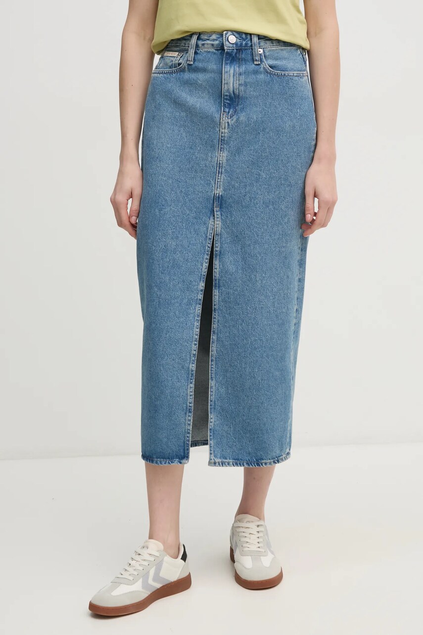 Levně Džínová sukně Calvin Klein Jeans modrá barva, maxi, J20J224532