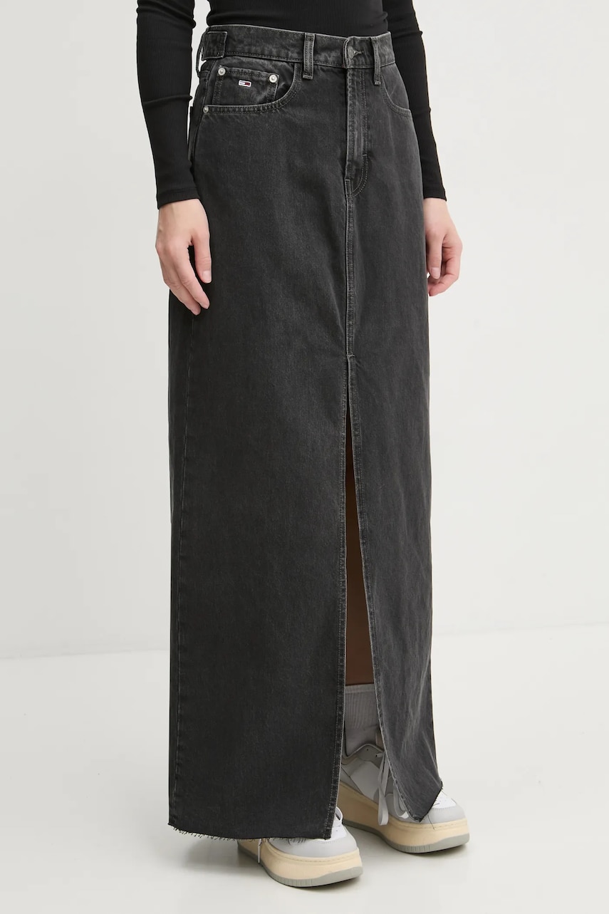 Tommy Jeans fustă din denim culoarea negru, midi, drept, DW0DW20554 Tommy Jeans fustă din denim culoarea negru, midi, drept, DW0DW20554
