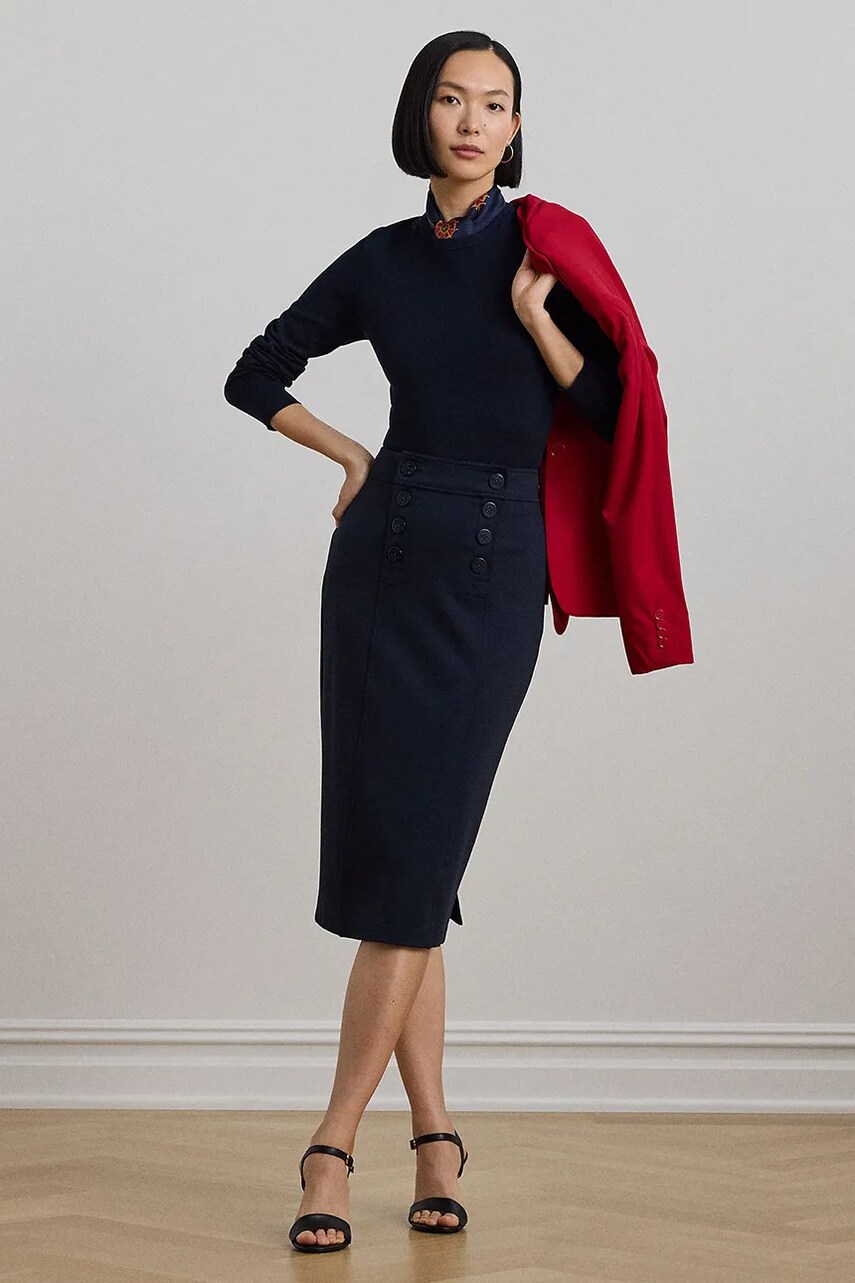 Levně Sukně Lauren Ralph Lauren tmavomodrá barva, midi, pouzdrová, 200957618