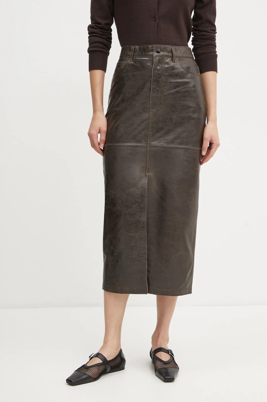 Day Birger et Mikkelsen fusta de piele Niki culoarea maro, midi, drept, DAY65243576