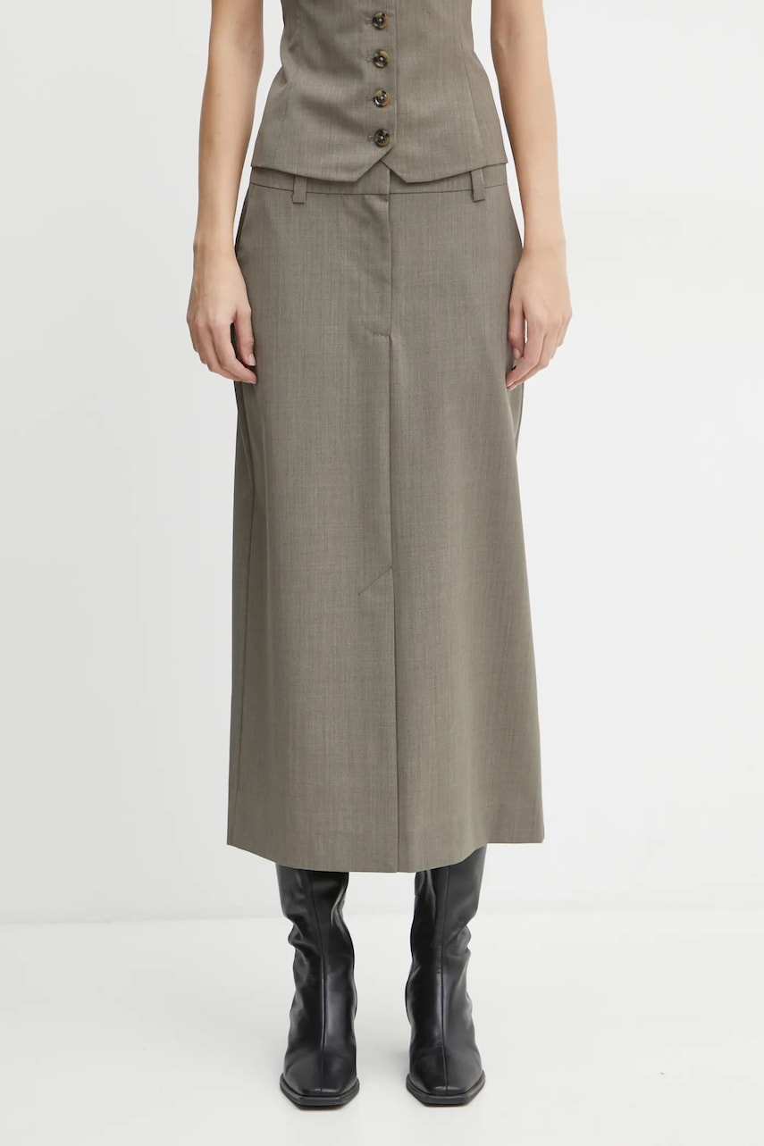 Samsoe Samsoe fusta din amestec de lana SATOVE culoarea gri, midi, drept, F24400133 Samsoe Samsoe fusta din amestec de lana SATOVE culoarea gri, midi, drept, F24400133