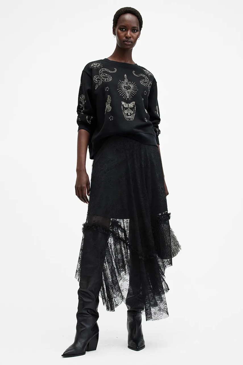 AllSaints fustă JOSIE culoarea negru, midi, evazați, W044RB AllSaints fustă JOSIE culoarea negru, midi, evazați, W044RB