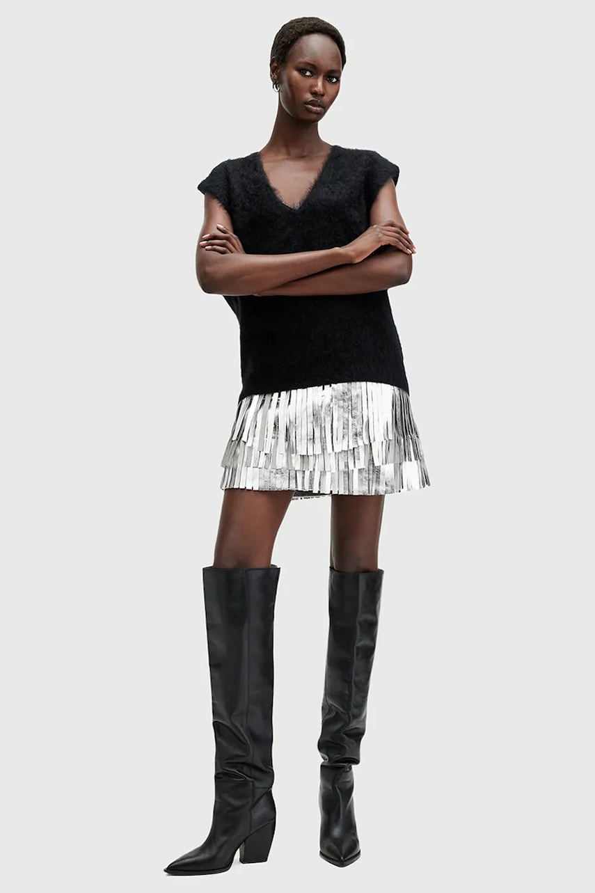 Levně Sukně AllSaints AISHA stříbrná barva, mini, W076RB