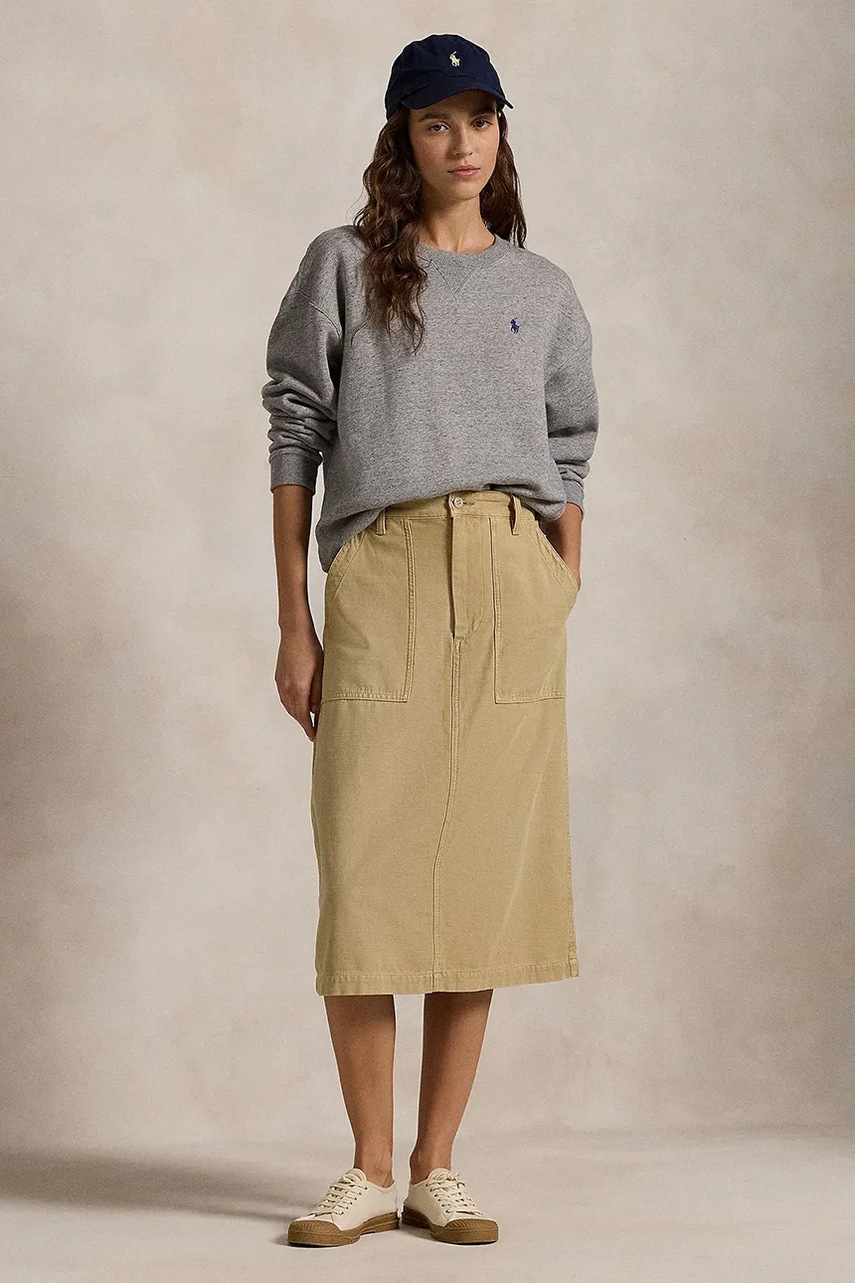 Levně Bavlněná sukně Polo Ralph Lauren RICKY MD SK béžová barva, midi, áčková, 211959051