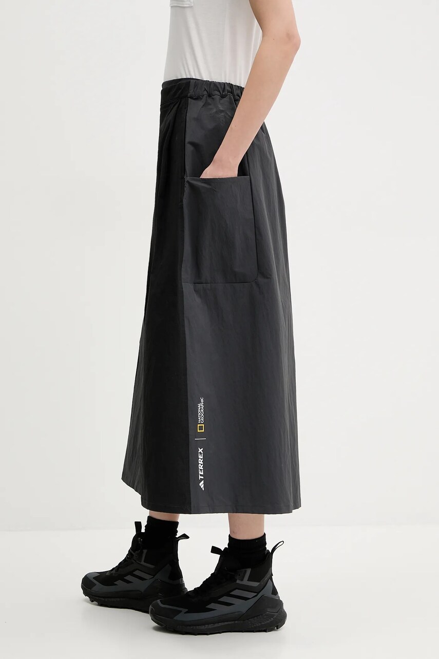 adidas TERREX fustă sport x National Geographic culoarea negru, midi, evazati, JD5843