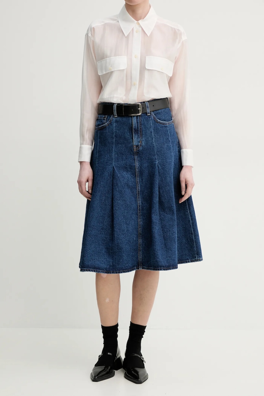Levi's fusta jeans PLEATED MIDI SKIRT culoarea albastru marin, midi, evazati, 001VN Levi's fusta jeans PLEATED MIDI SKIRT culoarea albastru marin, midi, evazati, 001VN