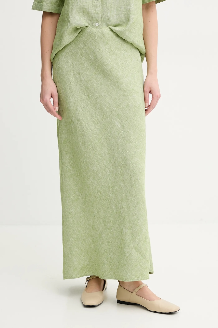 Samsoe Samsoe fustă din in SAAGNETA culoarea verde, midi, drept, F24200182