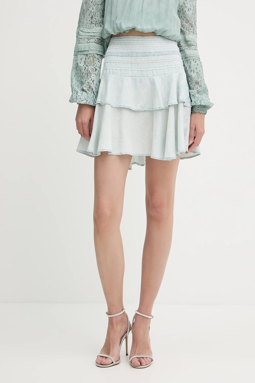 Levně Sukně s příměsí lnu Guess TAINA modrá barva, mini, áčková, W5GD85 D5N81
