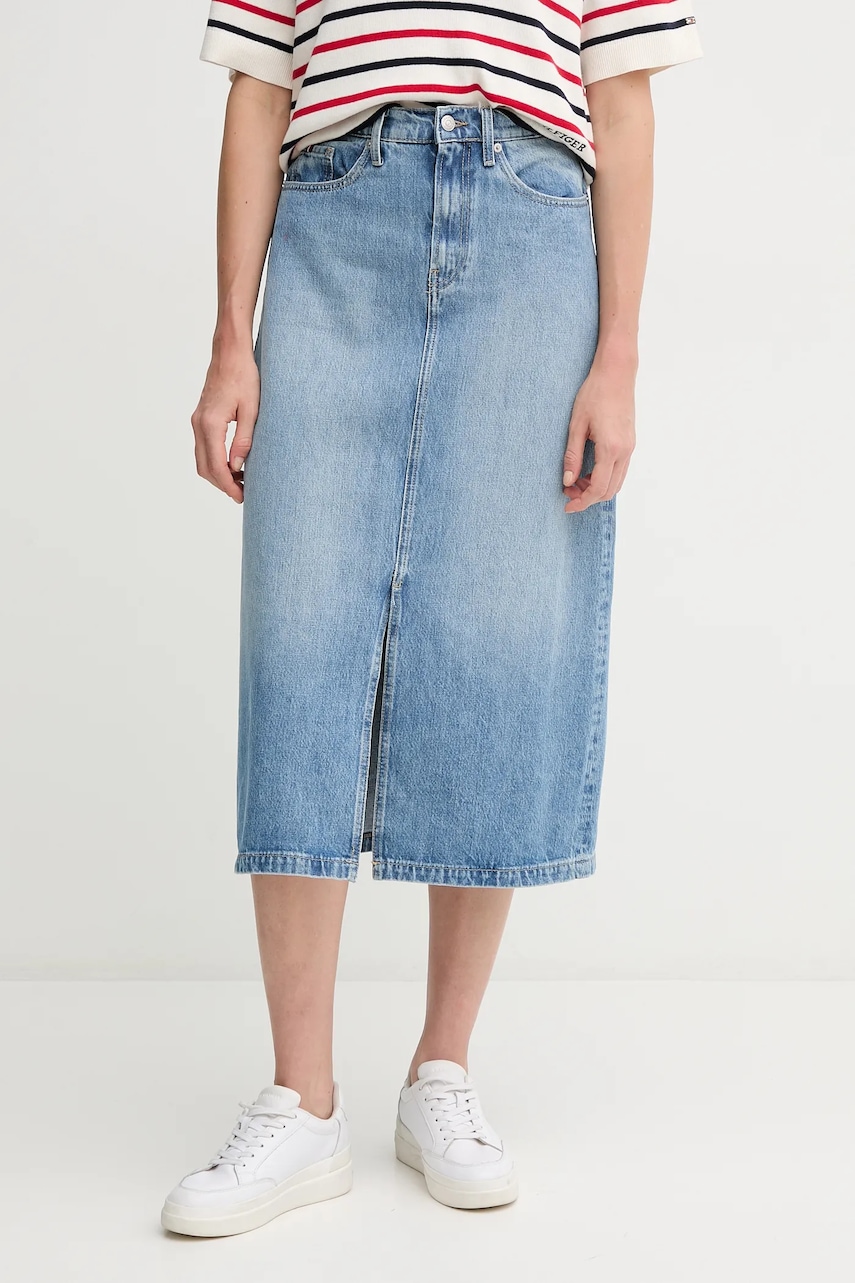 Džínová sukně Tommy Hilfiger modrá barva, midi, WW0WW45501