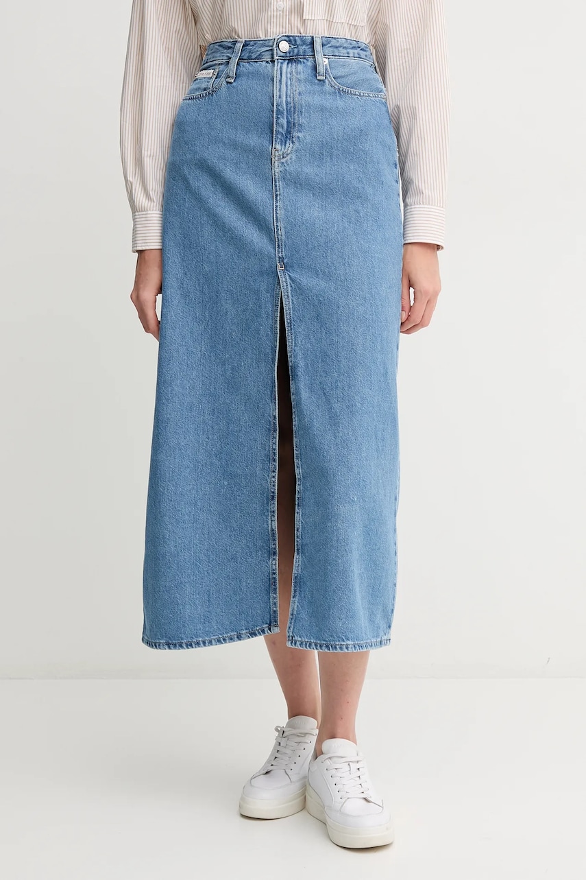 Levně Džínová sukně Calvin Klein Jeans modrá barva, maxi, J20J225192