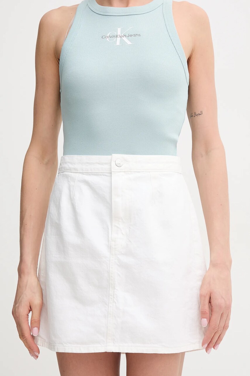 Levně Džínová sukně Calvin Klein Jeans bílá barva, mini, áčková, J20J225194