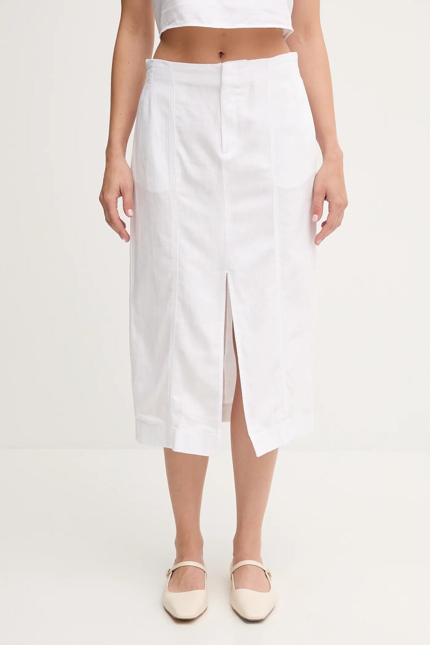 Levně Sukně s příměsí lnu Calvin Klein Jeans bílá barva, midi, J20J225327