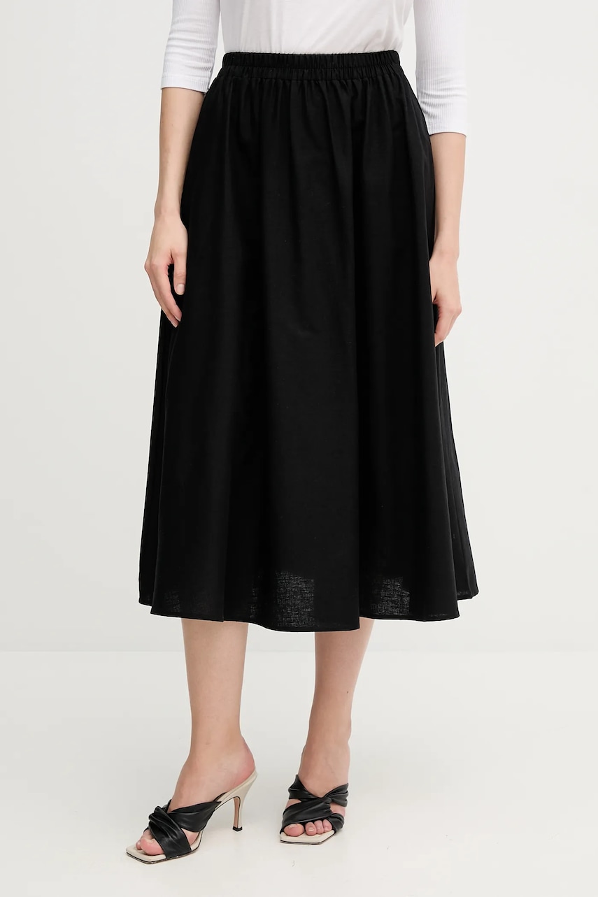 Barbour fustă din amestec de in Elsie culoarea negru, midi, evazată, LSK0122BK11