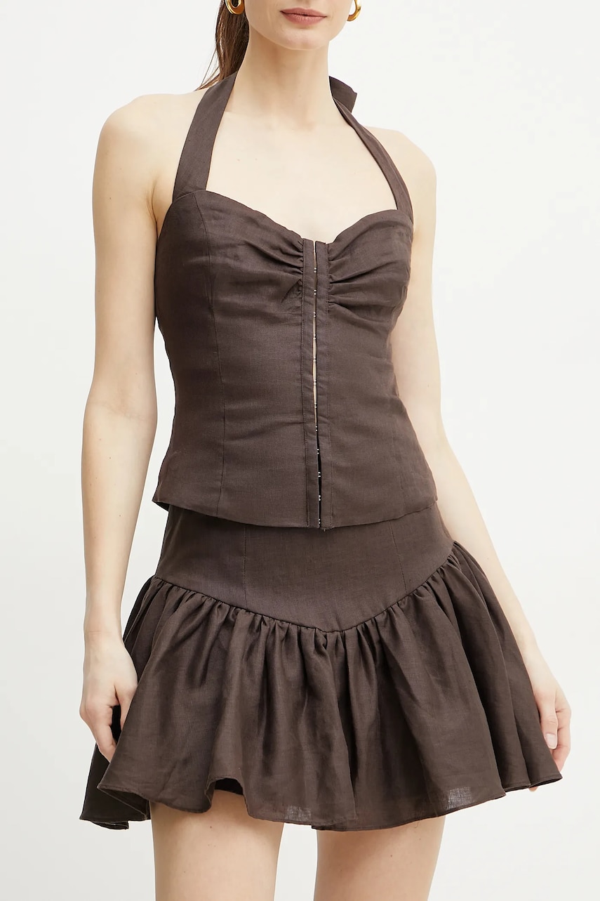 Bardot fustă din in AMORETTE culoarea maro, mini, evazati, 59864SB2