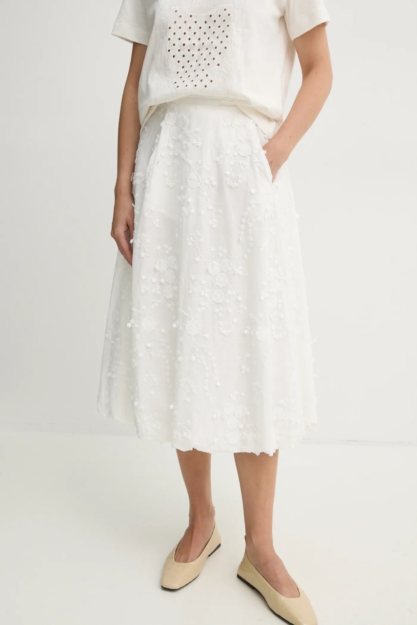 MUNTHE fusta din bumbac FIAMMA culoarea alb, midi, evazati, 251122225125