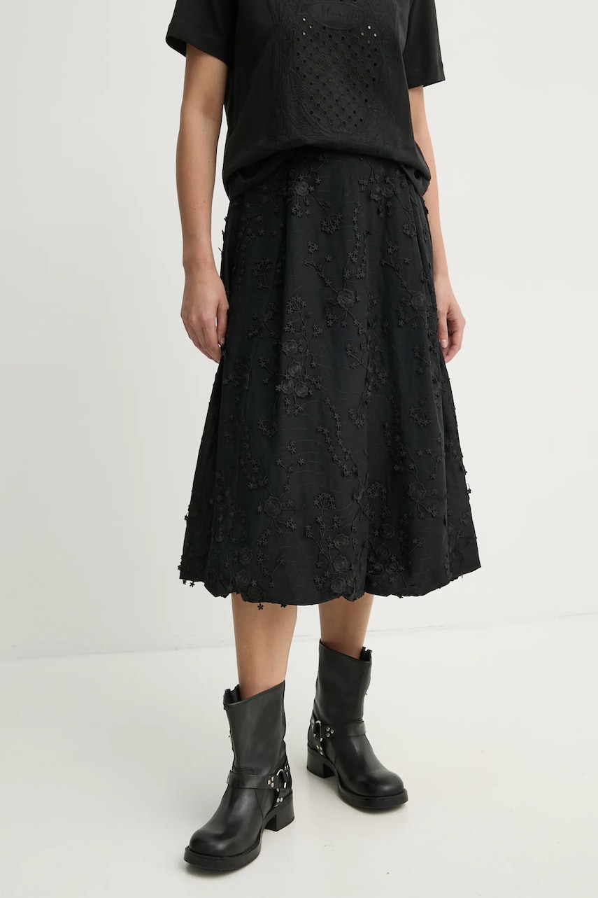 MUNTHE fusta din bumbac FIAMMA culoarea negru, midi, evazati, 251122225125 MUNTHE fusta din bumbac FIAMMA culoarea negru, midi, evazati, 251122225125