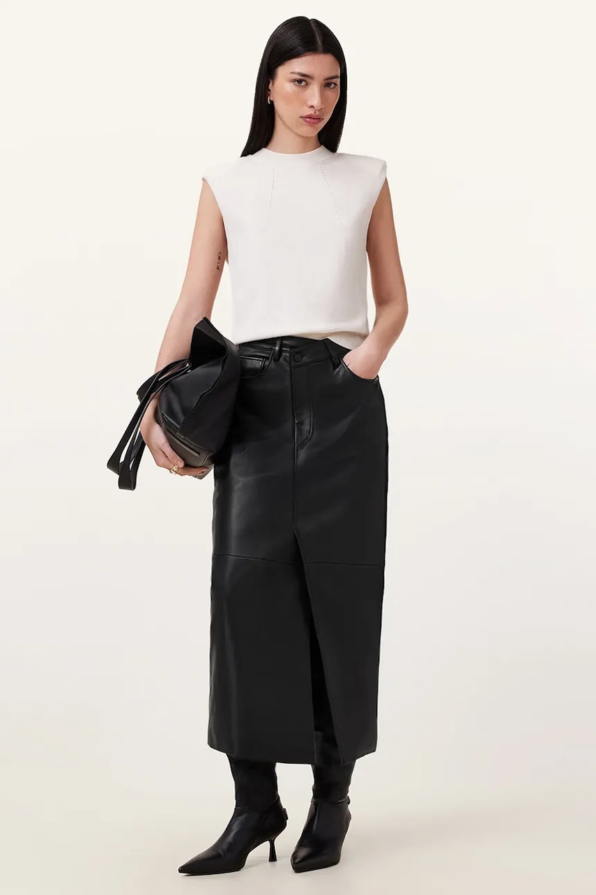 AllSaints fustă de piele EDEN culoarea negru, midi, drept, W008RC AllSaints fustă de piele EDEN culoarea negru, midi, drept, W008RC