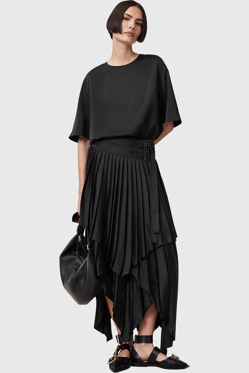 AllSaints fusta KAT culoarea negru, midi, evazati, W060RC