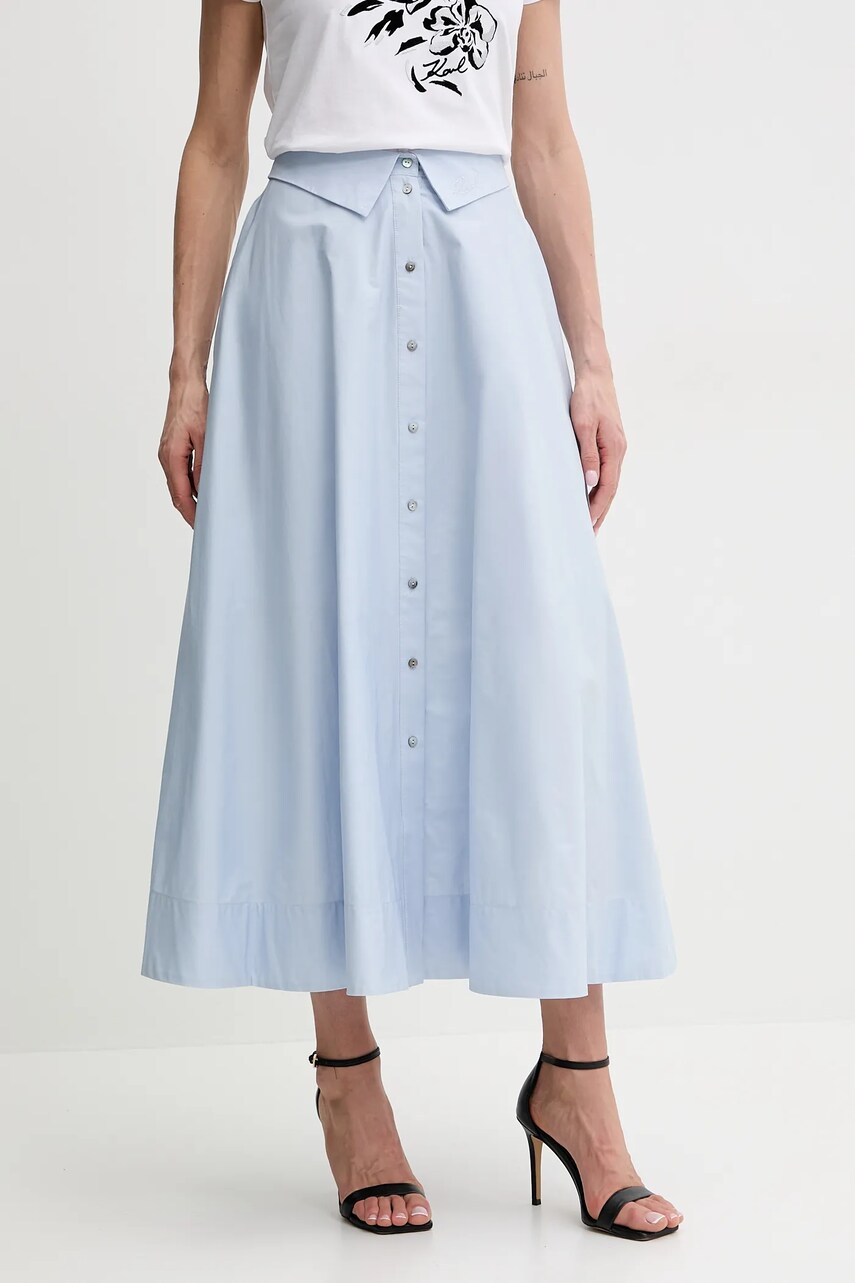 Levně Bavlněná sukně Karl Lagerfeld modrá barva, maxi, áčková, A2W12005