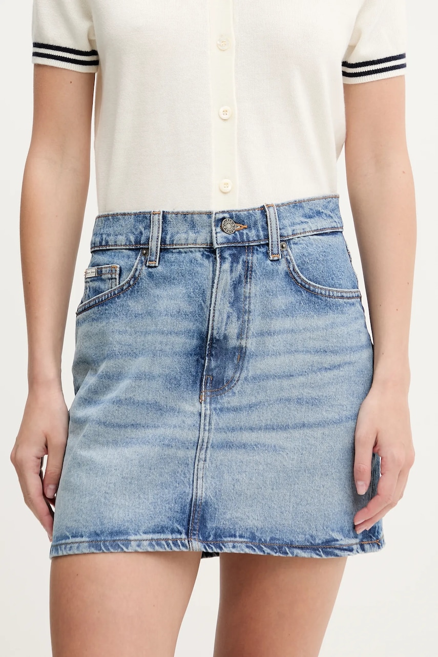 Levně Džínová sukně Guess Jeans modrá barva, mini, pouzdrová, W5GD0Q D5M4A
