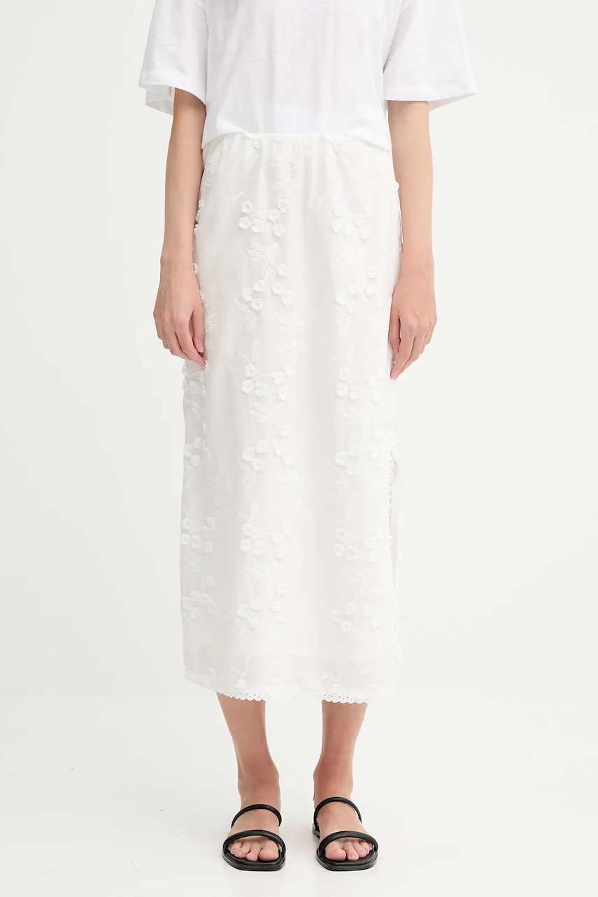 MUNTHE fustă din bumbac URSA culoarea alb, midi, drept, 255121025522