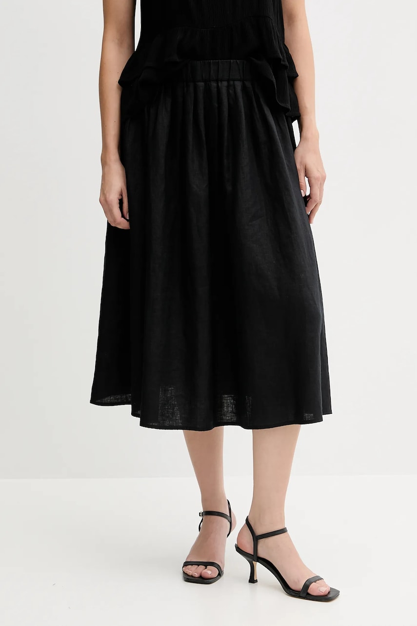 Sisley fustă din in culoarea negru, midi, evazati, 4AGHL002T