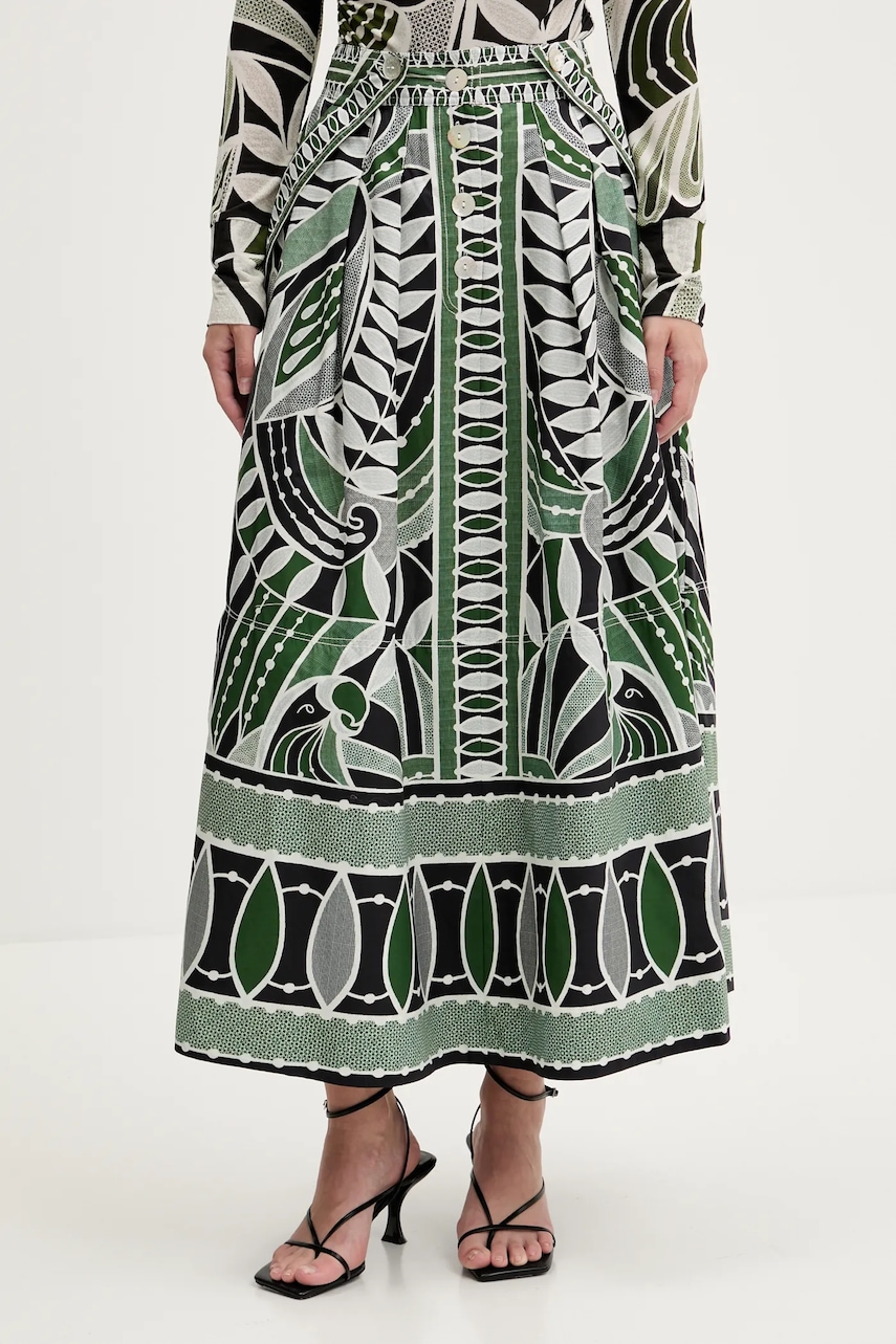 Farm Rio fusta din bumbac culoarea verde, maxi, evazati, 328629