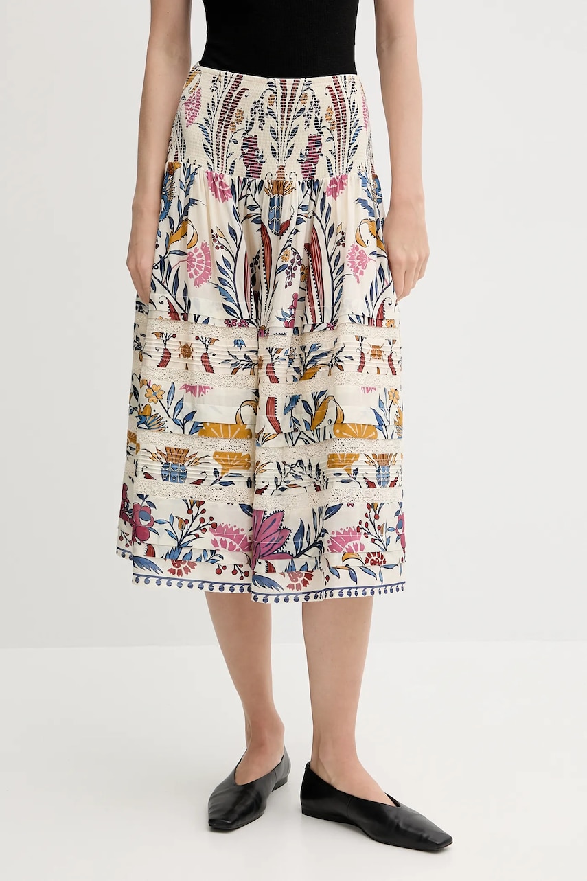 Farm Rio fustă culoarea bej, midi, evazată, 328657