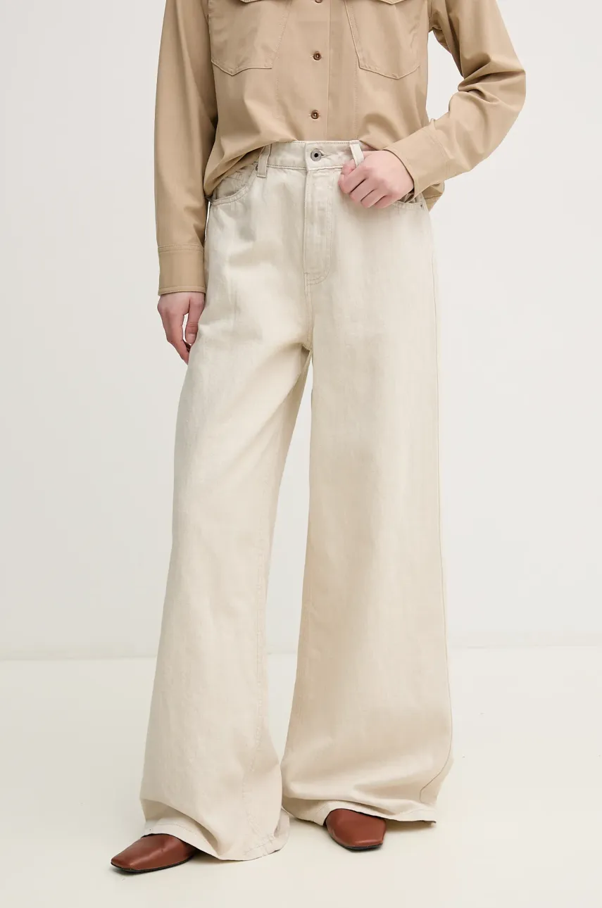 Pepe Jeans blugi din amestec de in WIDE LEG JEANS UHW JAIMY femei, culoarea bej, PL204740TC9