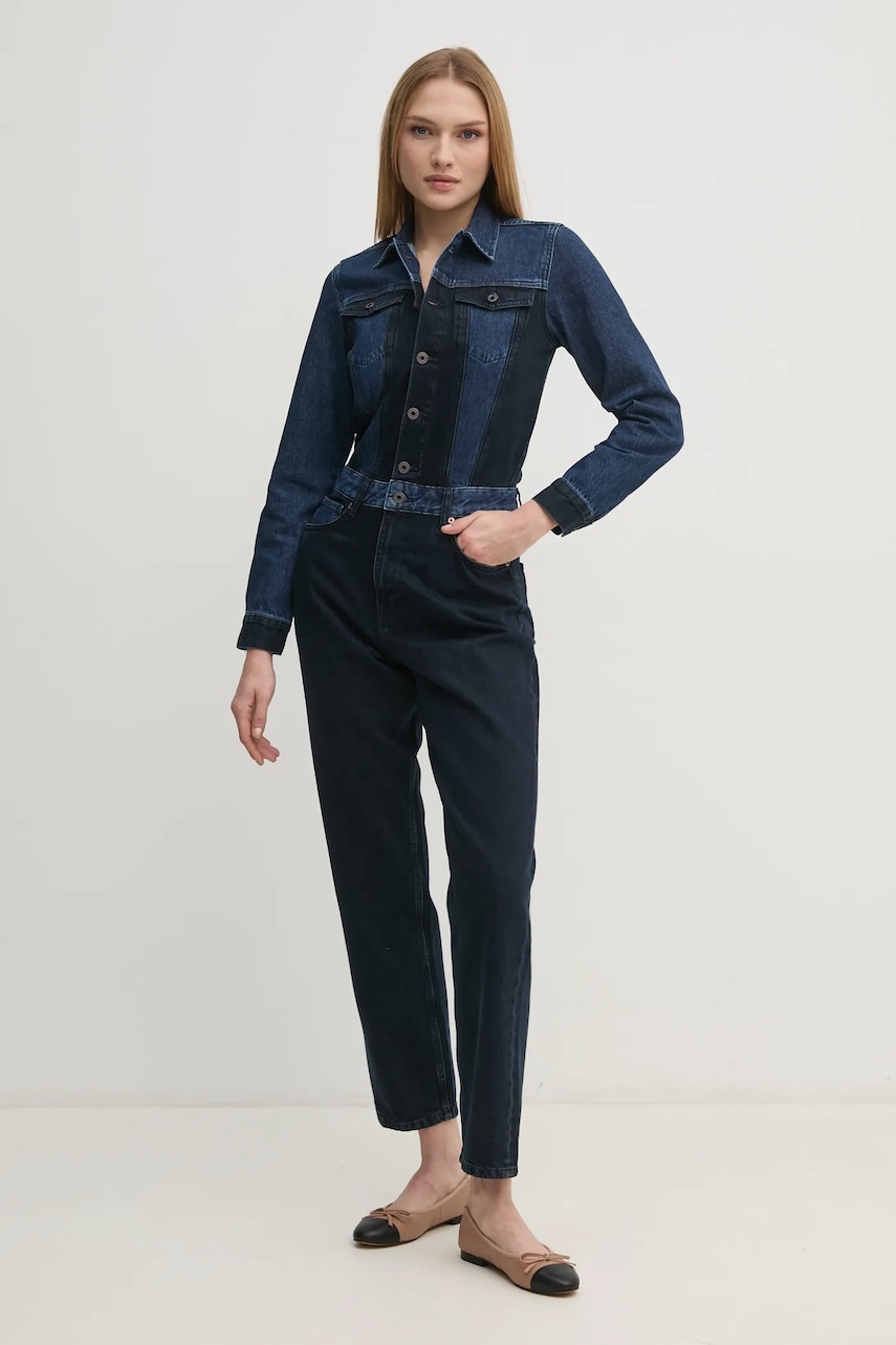 Pepe Jeans salopetă din denim VALERIE culoarea bleumarin, bumbac, cu guler, PL230508 Pepe Jeans salopetă din denim VALERIE culoarea bleumarin, bumbac, cu guler, PL230508