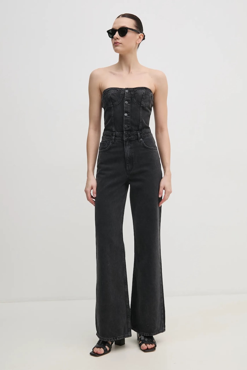 Sisley salopeta jeans culoarea gri, bumbac, cold shoulder, 42Y7LT00M Sisley salopeta jeans culoarea gri, bumbac, cold shoulder, 42Y7LT00M